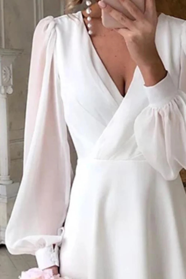 Modest & elegant women's V-neck midi dress with puff sleeves, great for wedding guests and formal evening wear.