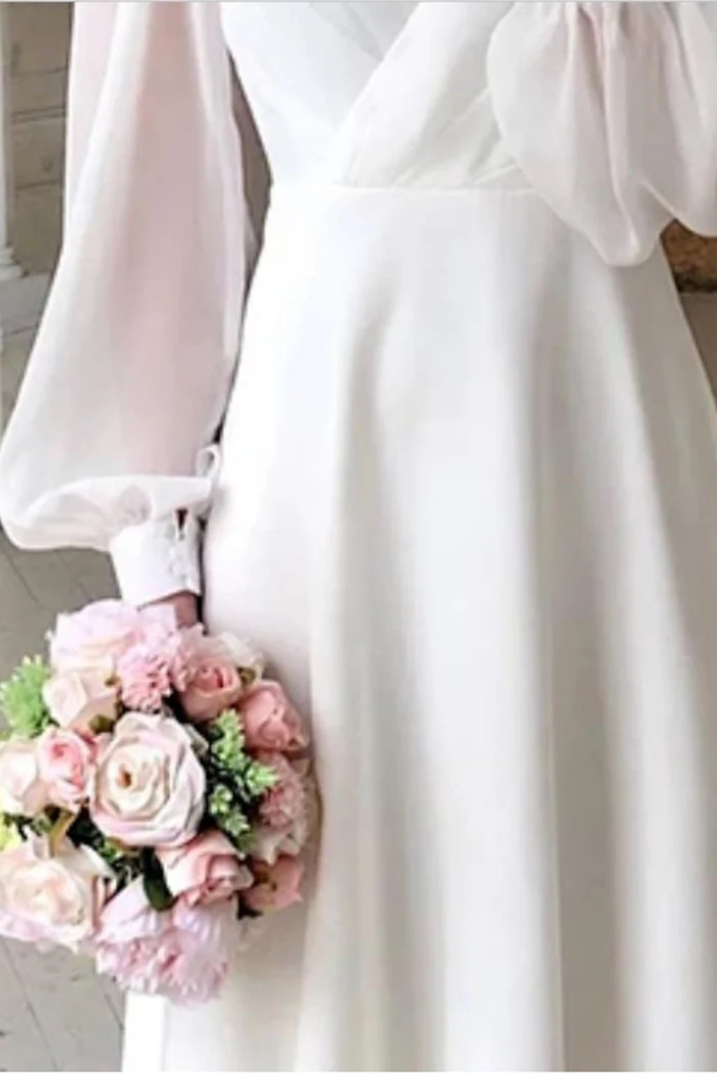 Stylish women's V-neck puff sleeve midi dress, a modern formal choice for wedding guests & special occasions.