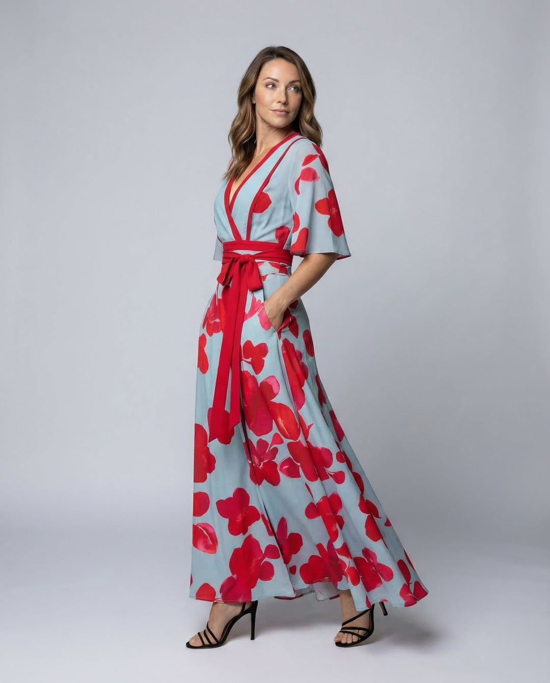 Elegant women's V-neck robe dress with flow-fit design, perfect for formal occasions or chic evening wear.