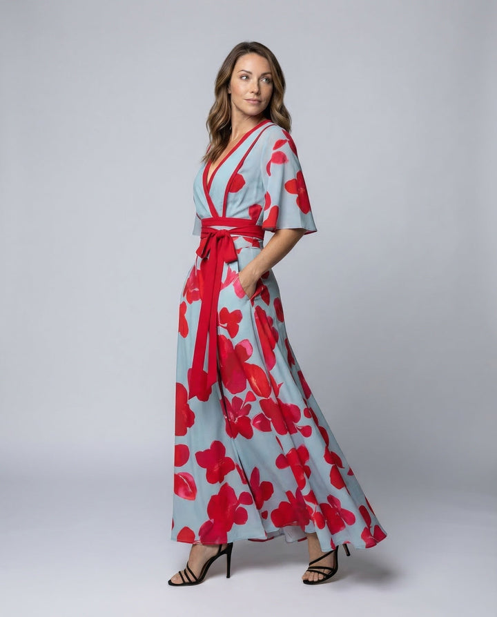 Elegant women's V-neck robe dress with flow-fit design, perfect for formal occasions or chic evening wear.