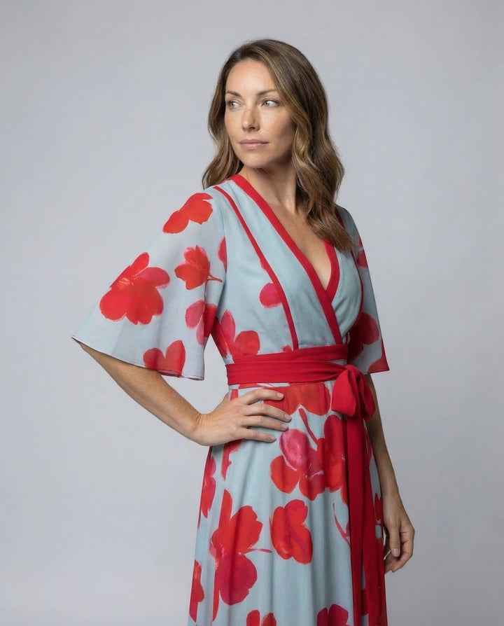 Stunning red women's elegant V-neck robe dress featuring a flattering flow-fit silhouette for special occasions.