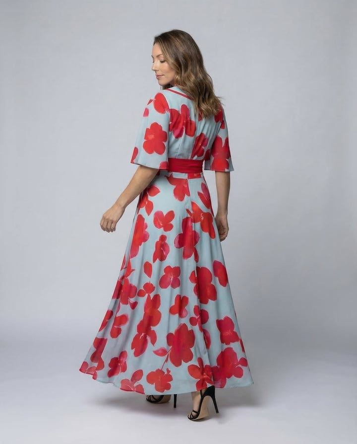 Flowy elegant women's V-neck robe dress, comfortable and stylish for formal events or sophisticated evening wear.