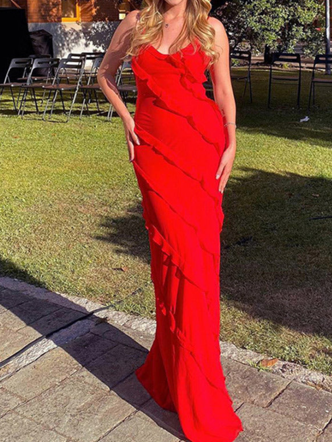 Chic women's V-neck ruffle maxi dress, featuring elegant long sleeves. A perfect formal or party fashion statement.