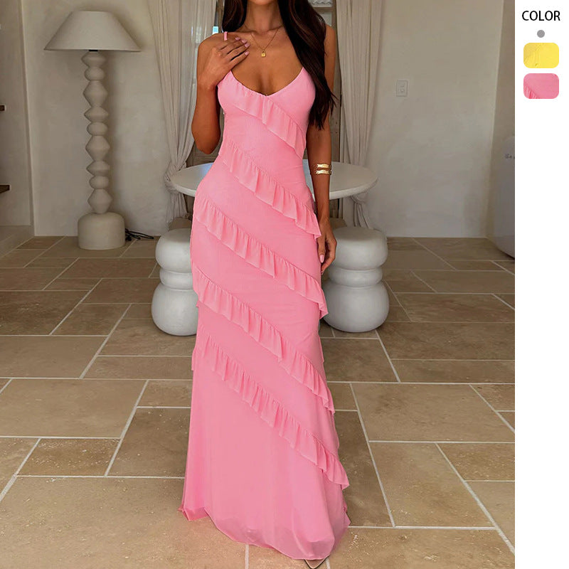 Elegant women's V-neck ruffle maxi dress, perfect for a wedding guest or formal evening occasion.