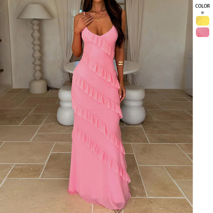 Elegant women's V-neck ruffle maxi dress, perfect for a wedding guest or formal evening occasion.