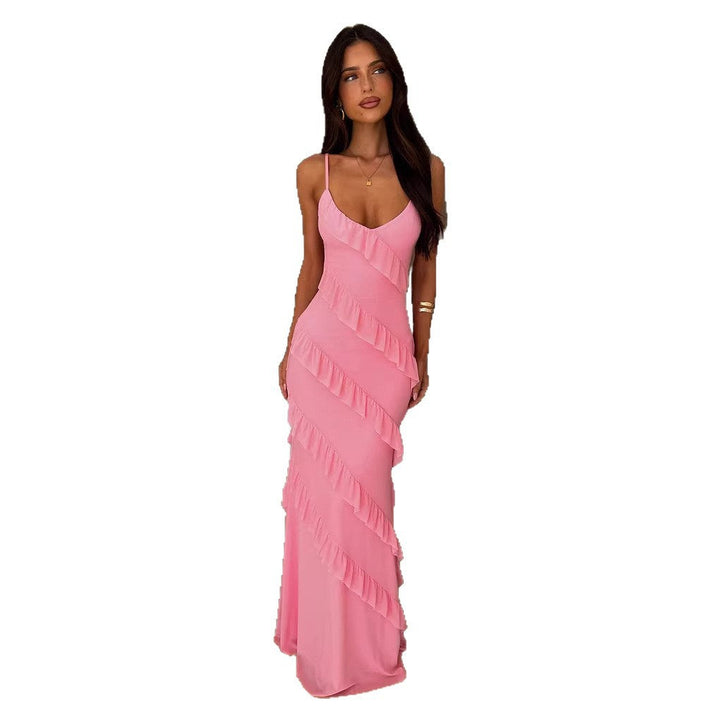 Formal V-neck ruffle maxi dress for women, suitable as an elegant wedding guest or special occasion evening gown.
