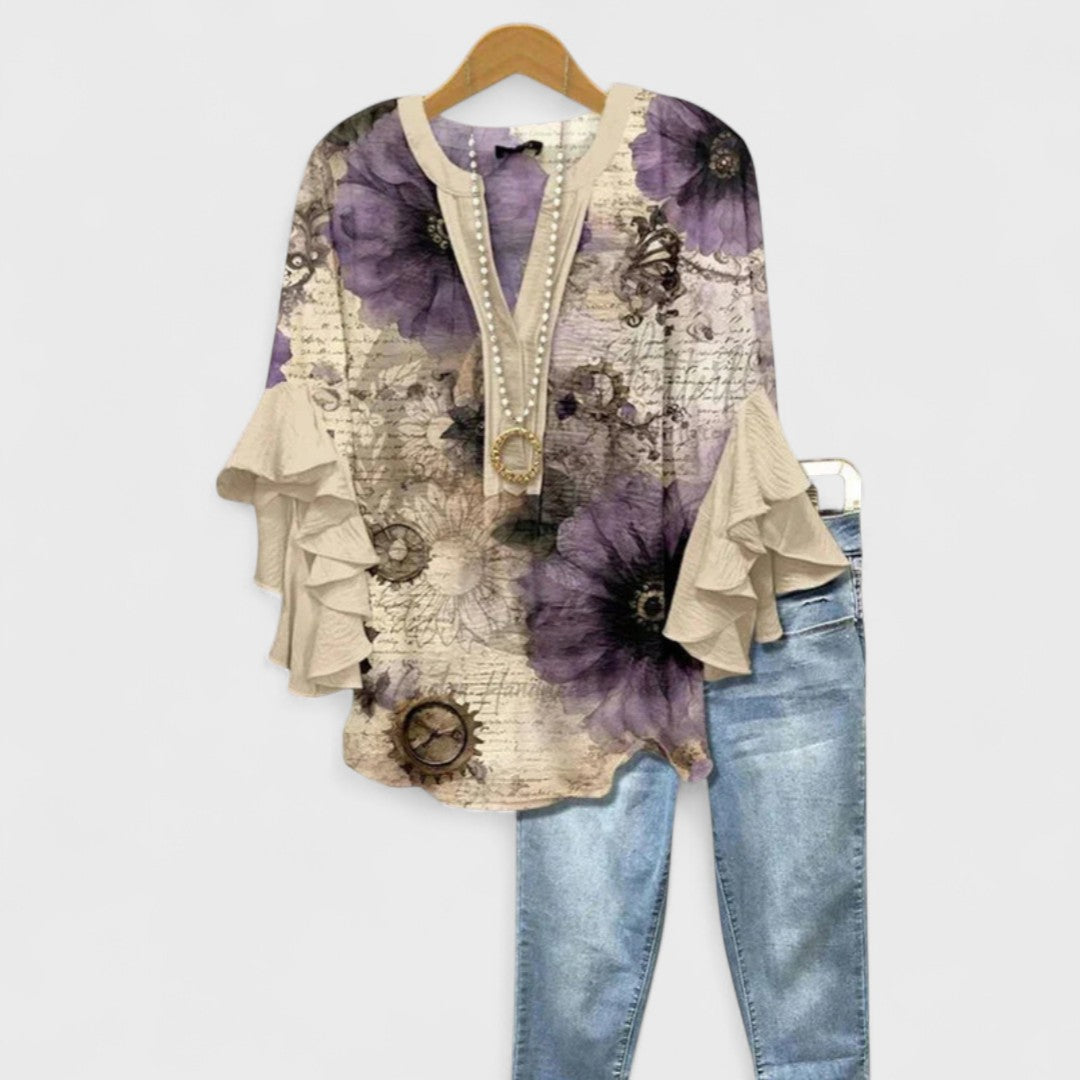 Elegant women's V-neck blouse with chic ruffle sleeves, a sophisticated top for any occasion.