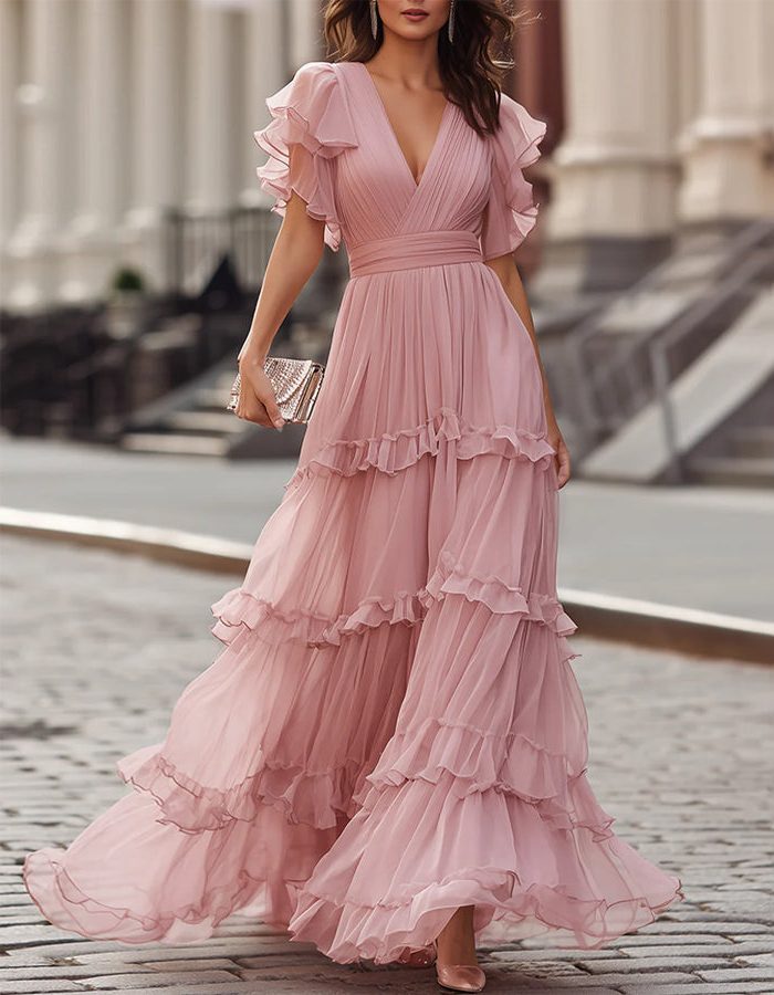 Elegant women's V-neck ruffled maxi dress, perfect for wedding guests & special occasions. Long, flutter sleeves.