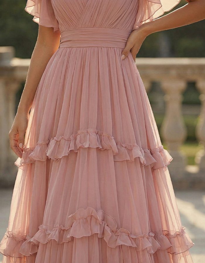Stylish leopard print V-neck ruffled maxi dress, a unique and elegant choice for women's special events.