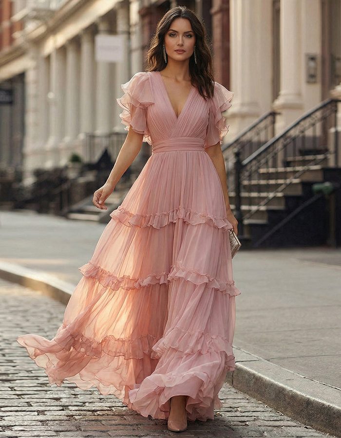 Women's V-neck maxi dress with elegant ruffles & flutter sleeves. A chic, long dress for wedding guests.