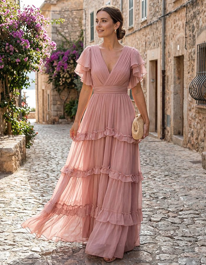 Beautiful women's V-neck ruffled maxi dress, a perfect and elegant wedding guest dress for any celebration.
