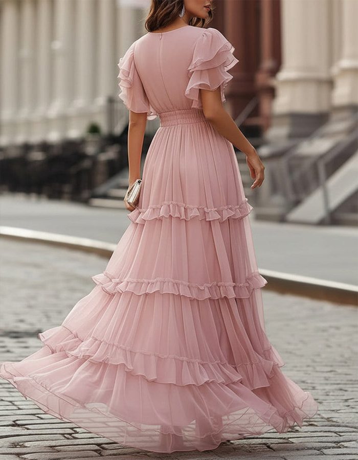 Sophisticated V-neck maxi dress for women, featuring ruffles and long flowy design. Ideal for special occasions.