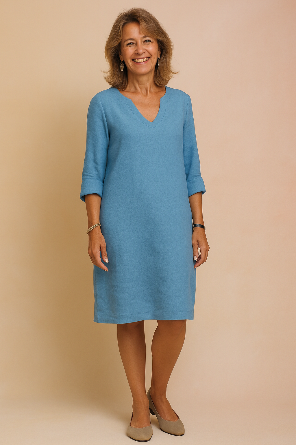 Casual V-neck shift dress for women, offering versatile style and comfort. Ideal for daily elegance.