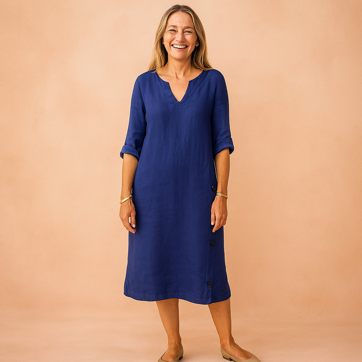 Loose fit V-neck shift dress for women, combining casual comfort with elegant spring fashion.
