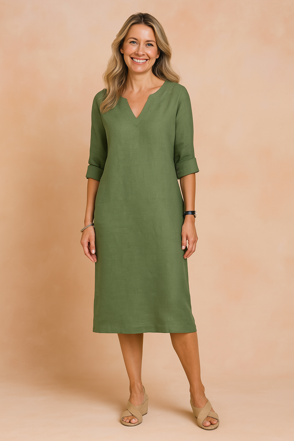 Versatile women's V-neck shift dress, perfect for both casual outings and elegant daily wear.