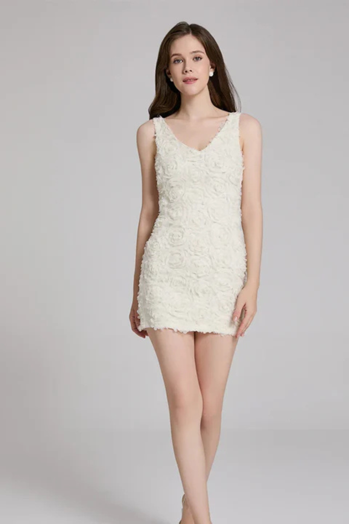 Chic women's floral textured V-neck sleeveless fitted party dress, ideal as a cocktail or formal guest dress.