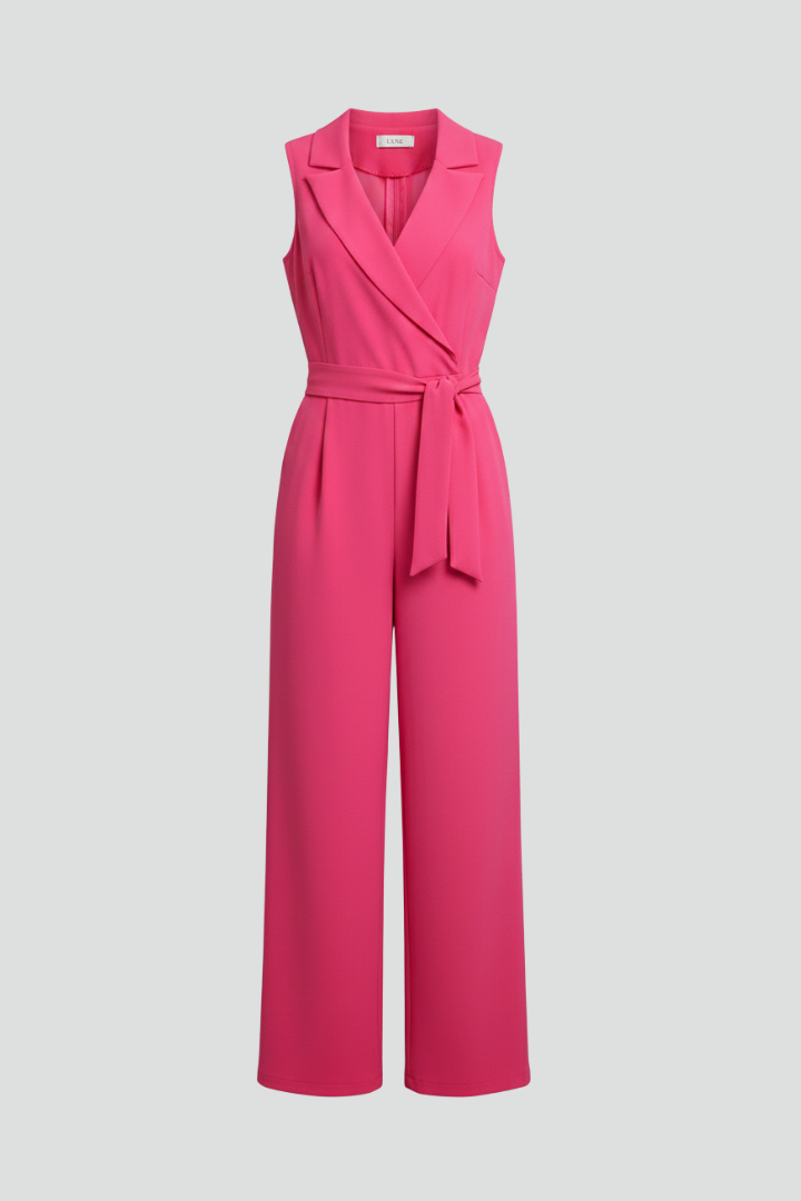 Elegant women's V-neck sleeveless jumpsuit with tie-waist and wide-leg for summer fashion.