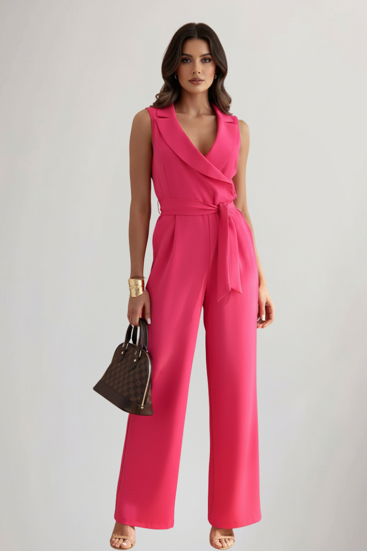 Chic pink V-neck sleeveless jumpsuit, tie-waist, wide-leg. Perfect elegant summer outfit for women.