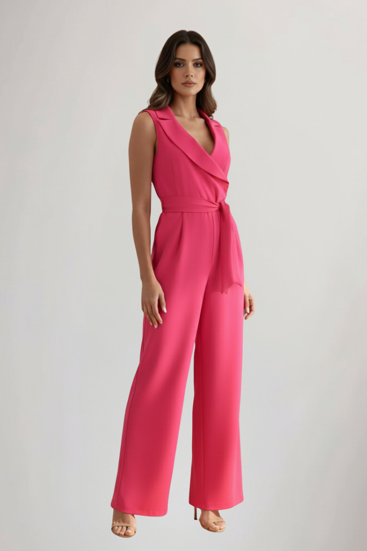 Versatile white women's V-neck jumpsuit. Sleeveless, tie-waist design. Elegant for summer casual or dressy.