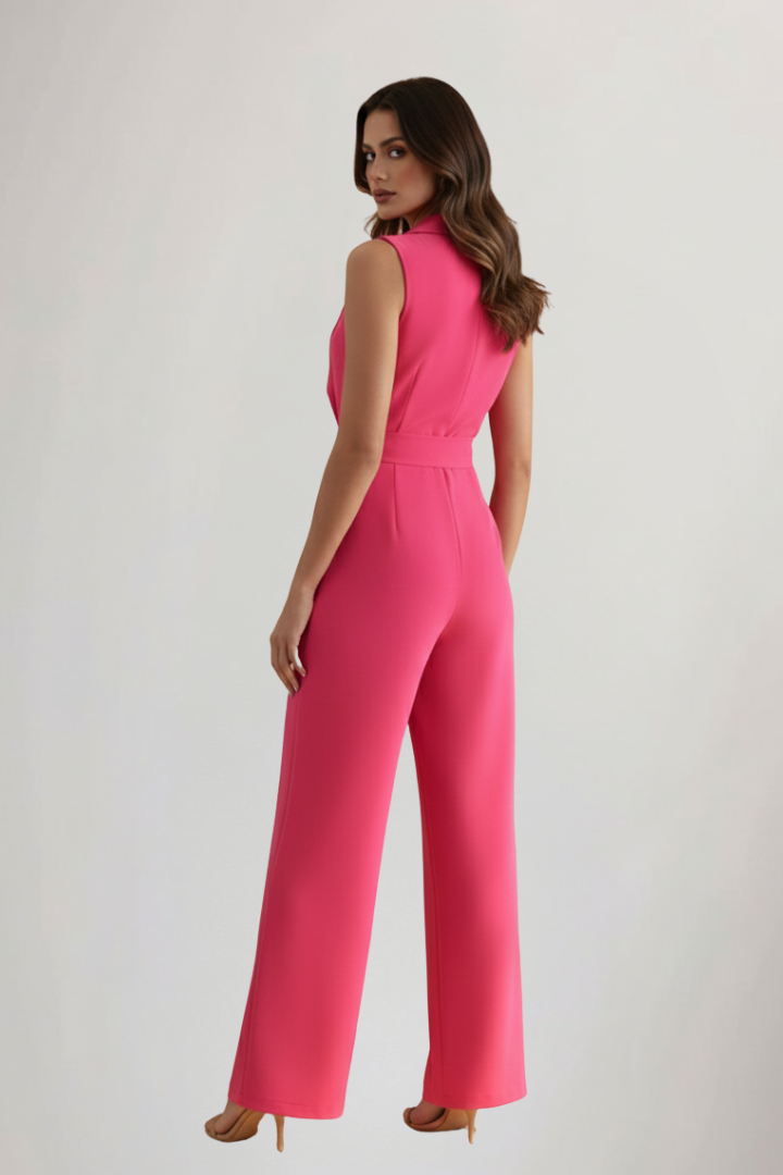 Comfortable black women's sleeveless V-neck jumpsuit with tie-waist. Elegant wide-leg for versatile summer style.