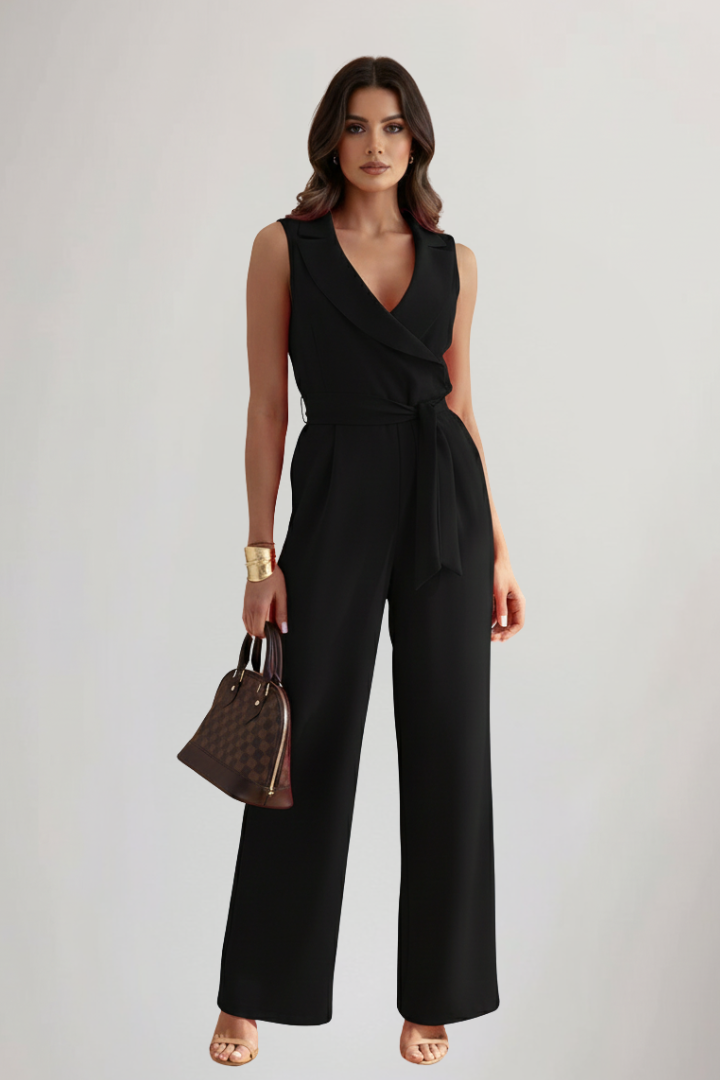 Easy-to-wear women's V-neck sleeveless jumpsuit. Tie-waist & wide-leg for comfortable, elegant summer fashion.