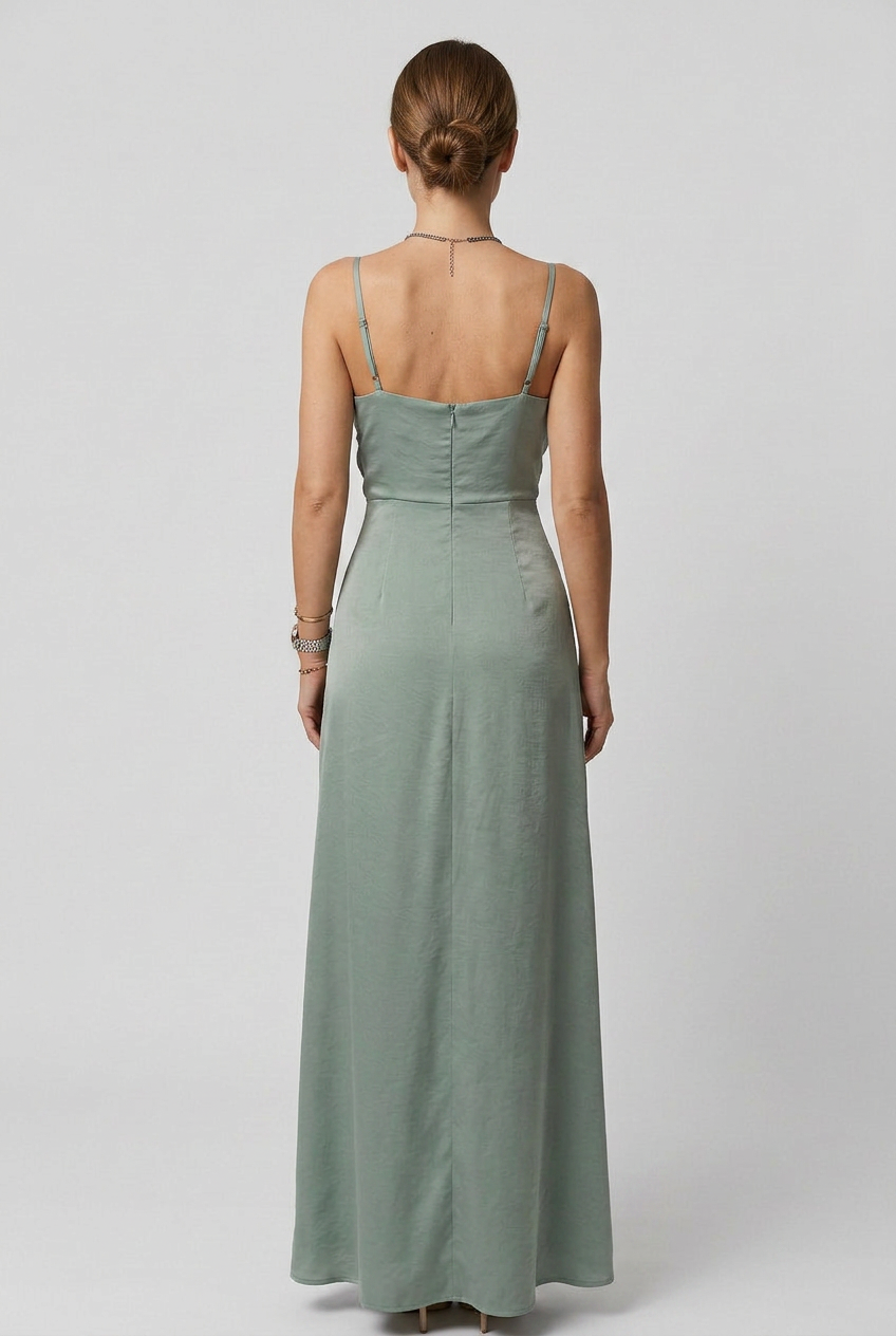 Chic sleeveless V-neck maxi dress for women, featuring a high slit, ideal for parties, formal events & fashion.