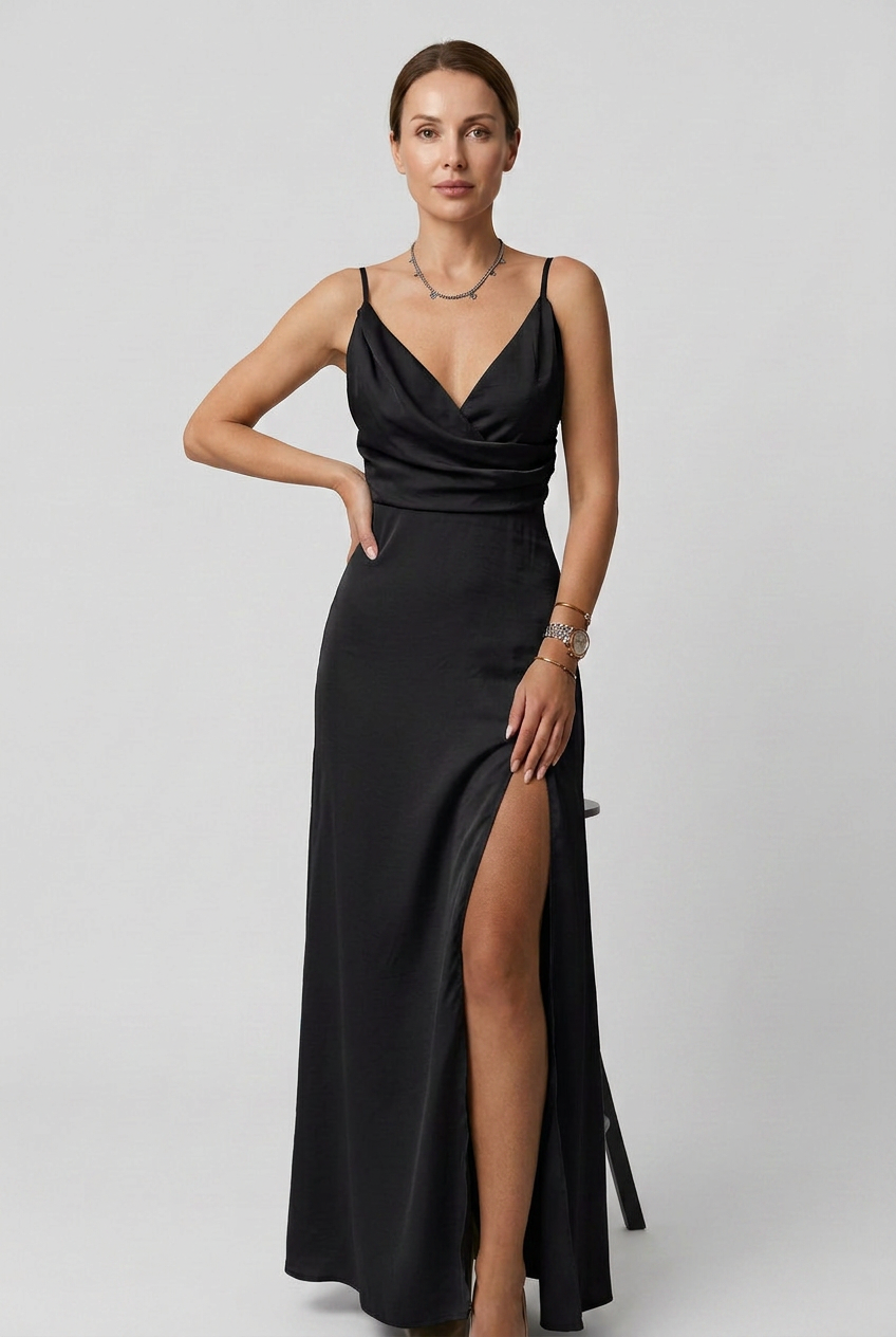 Fashionable women's elegant V-neck sleeveless maxi dress with high slit, perfect for evening and special events.