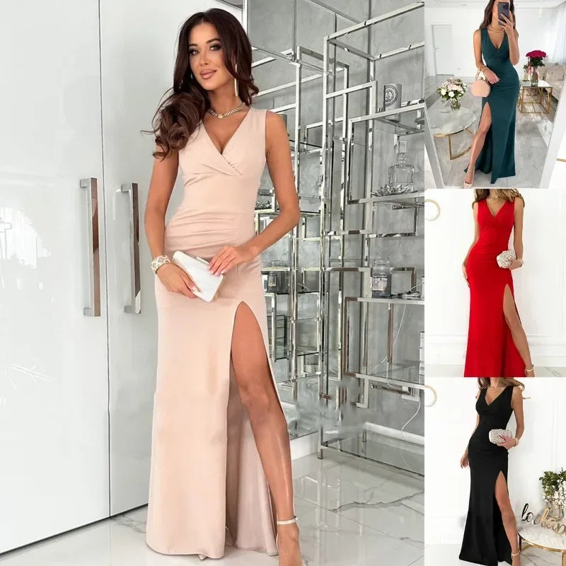 Sophisticated women's sleeveless V-neck long dress with a sleek thigh split, perfect for evening wear.