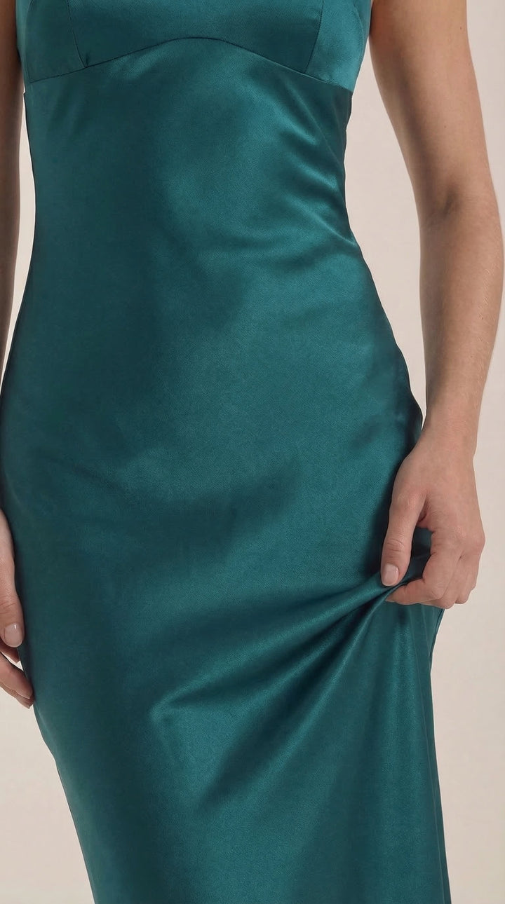 Elegant women's V-neck slip dress, long maxi length, perfect formal wedding guest attire.