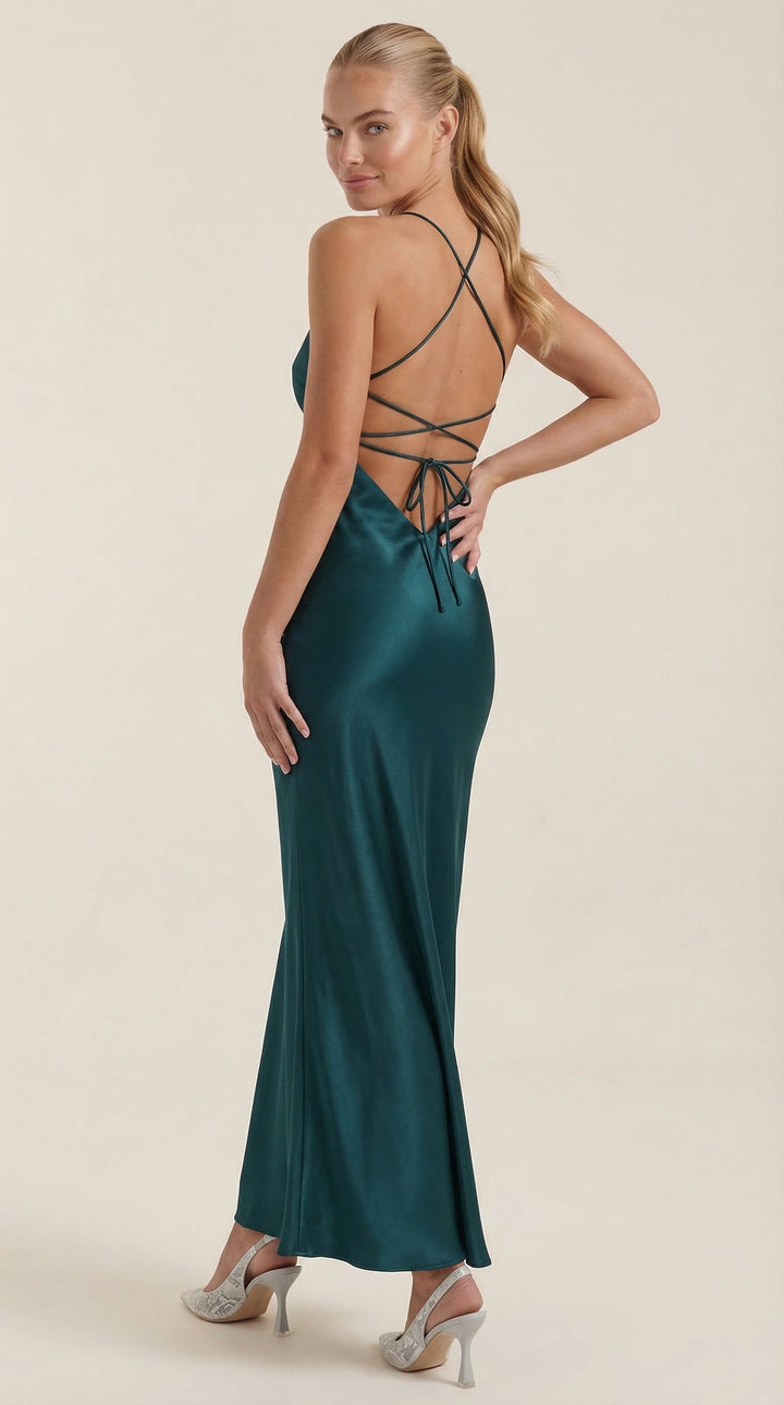Women's sophisticated V-neck slip maxi dress, ideal for formal evening events.