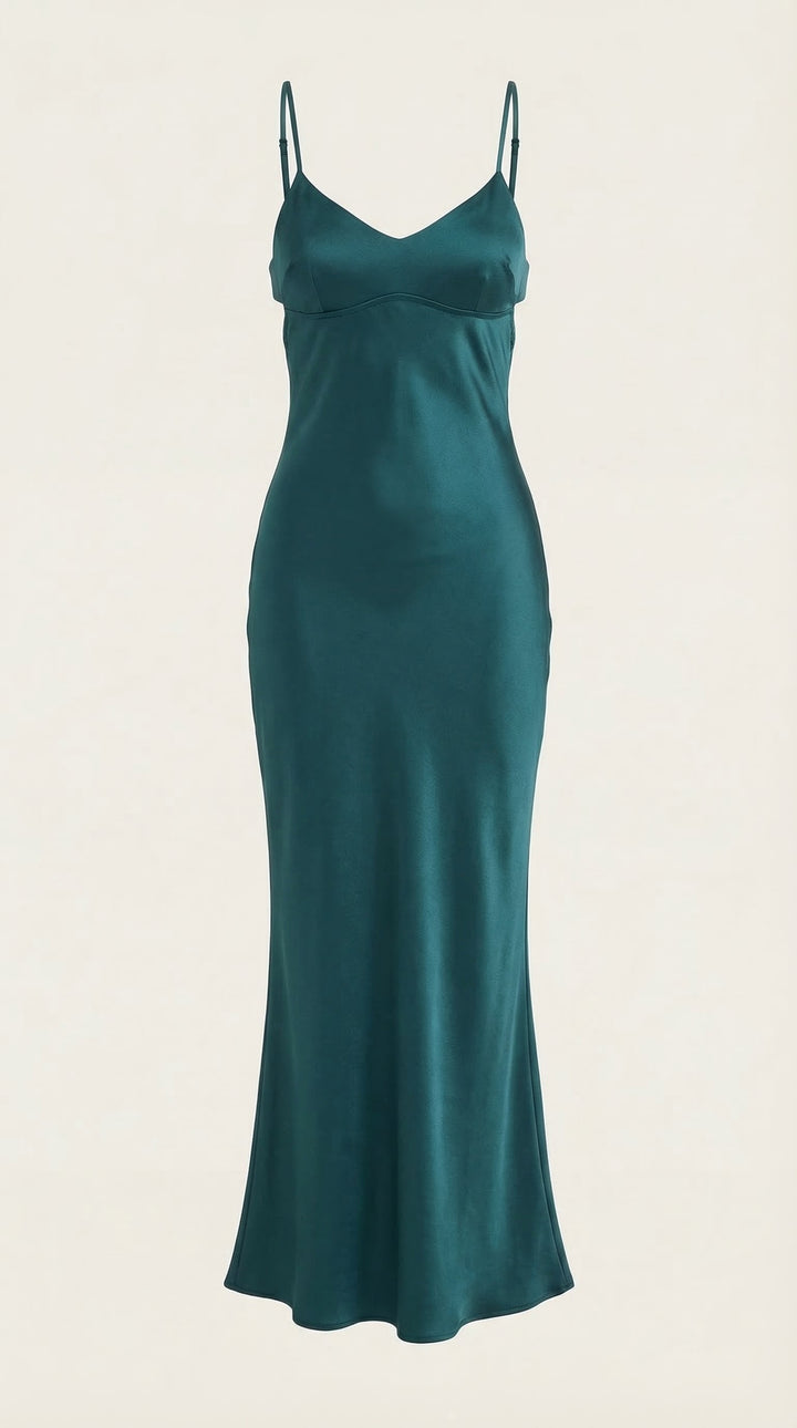 Chic wedding guest V-neck slip maxi dress for women, elegant formal attire.