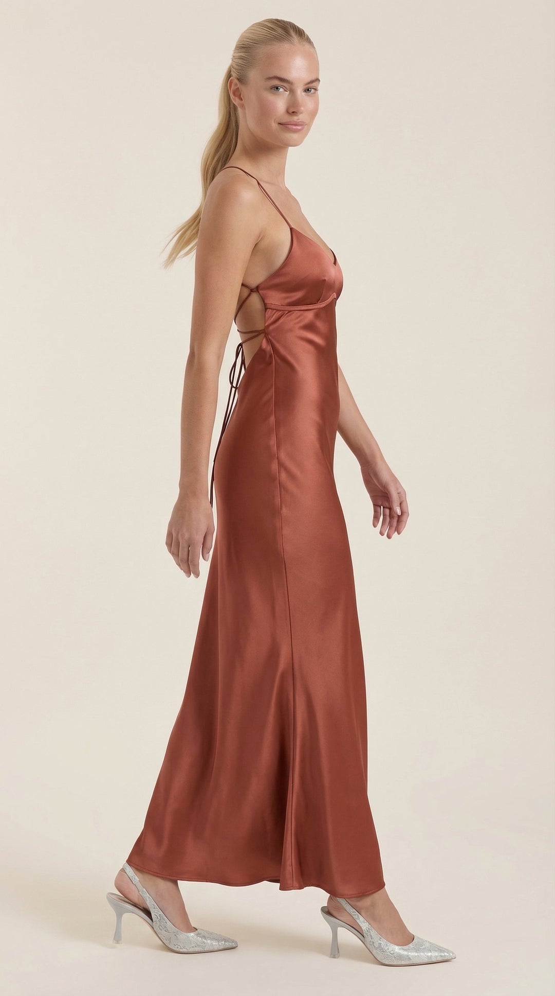 Sophisticated V-neck maxi slip dress for women, ideal formal wear for special occasions.