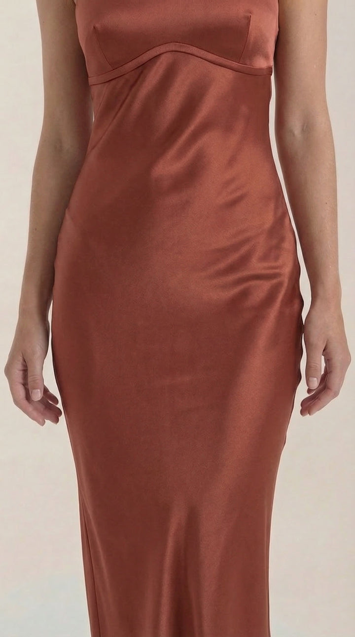 Long elegant women's slip dress with a V-neck, great for wedding guests and evening parties.