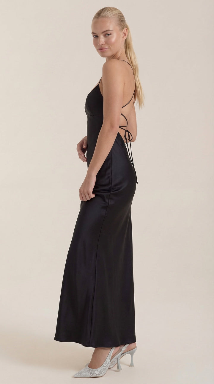 Chic women's V-neck slip maxi dress, versatile formal wear for evening events.