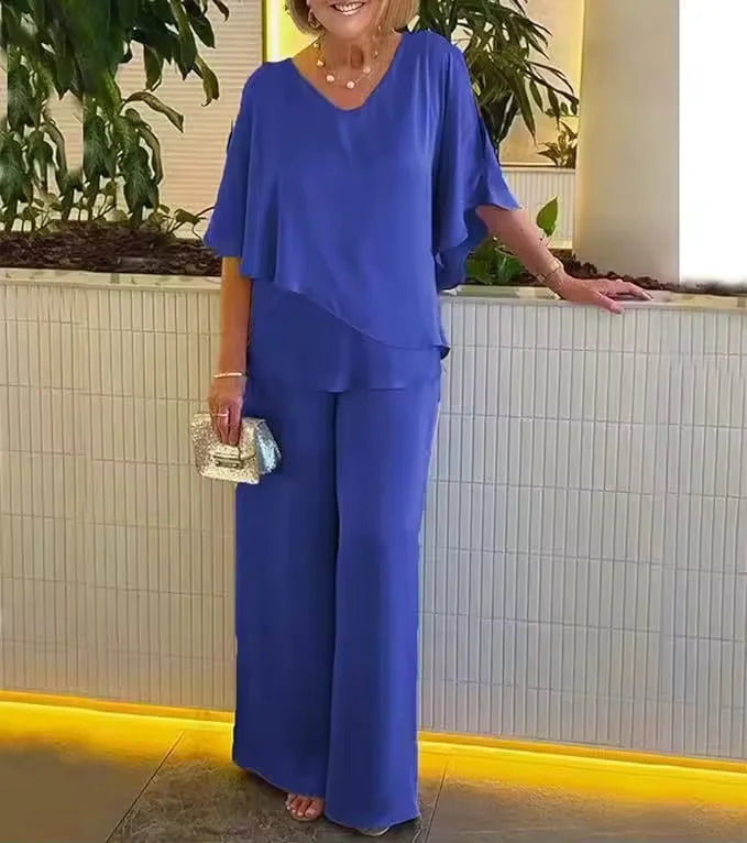 Elegant women's V-neck top and wide-leg pants set, a comfortable two-piece matching outfit for casual chic style.