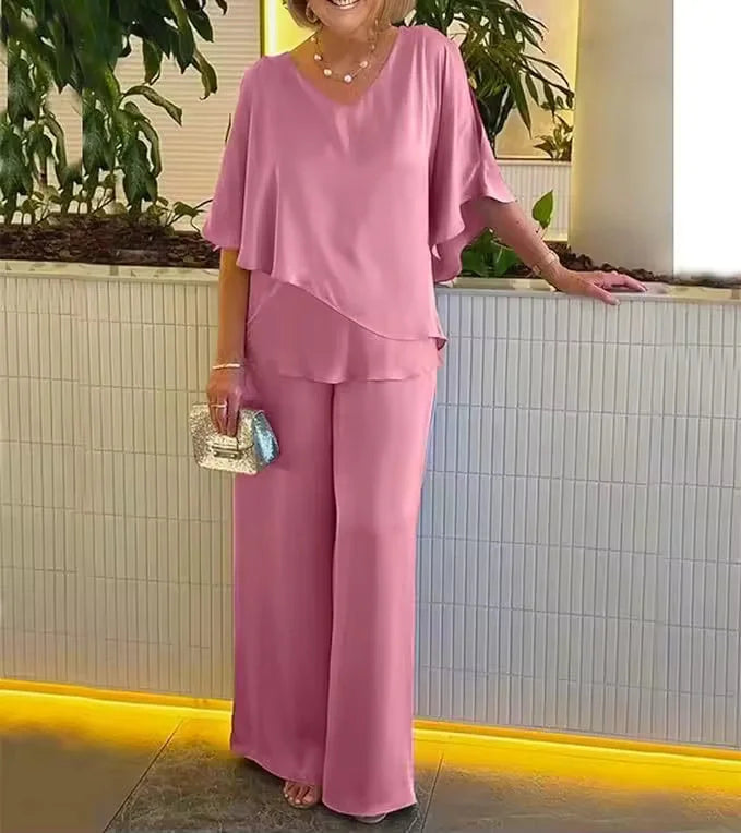 Fashionable women's two-piece set featuring an elegant V-neck top and flowy wide-leg pants for a stylish look.