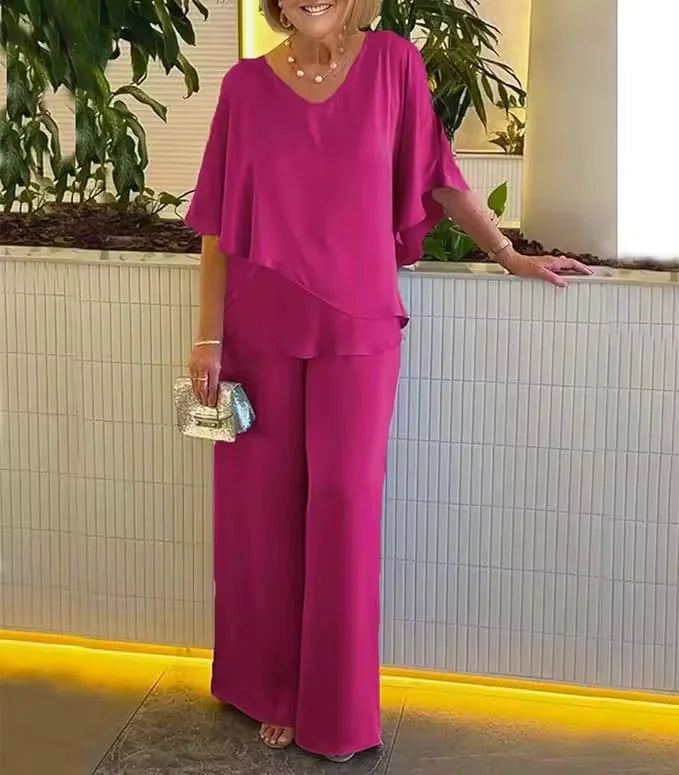 Women's elegant V-neck top and wide-leg pants set, a stylish two-piece matching outfit for comfortable wear.