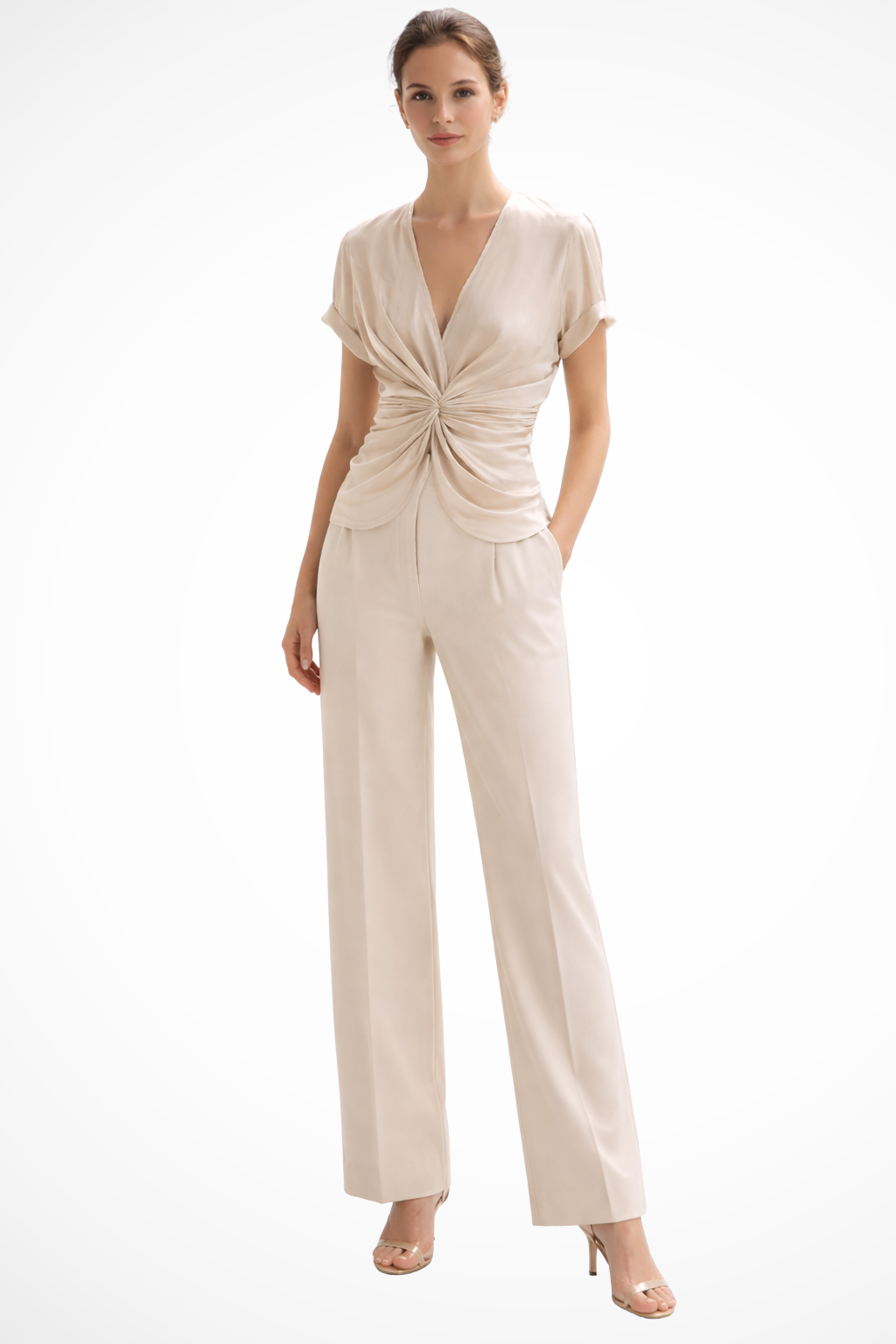 Elegant women's V-neck twist front blouse in cream. Perfect short sleeve top for business casual or smart casual wear.