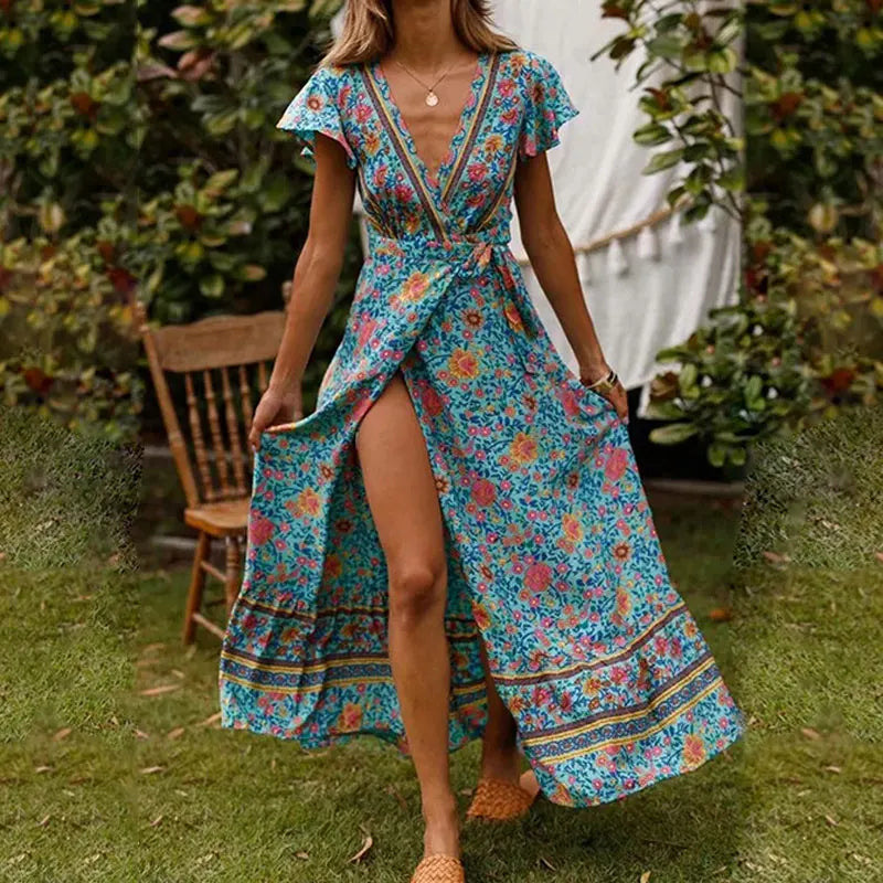 Elegant women's V-neck wrap maxi dress, perfect for wedding guests, parties, and special occasions. Flowy summer fashion.