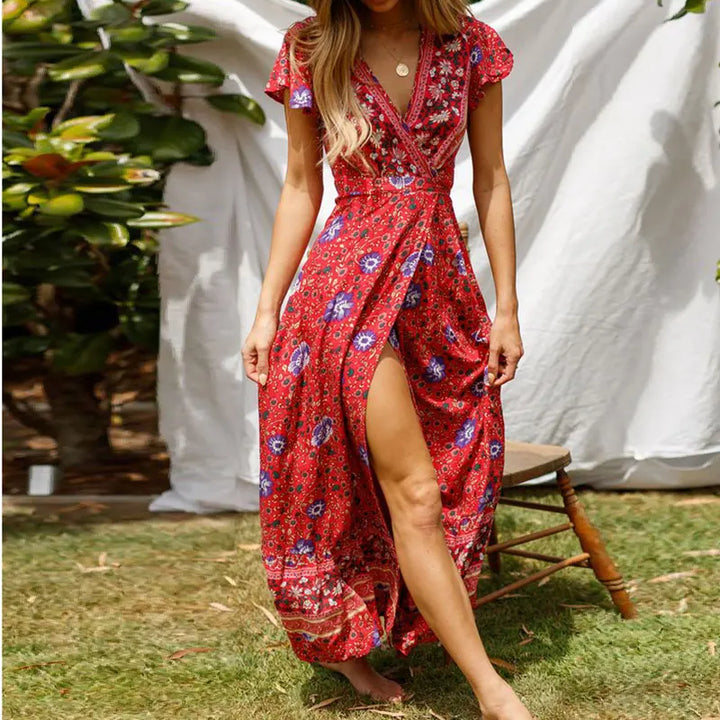 Elegant women's tiered V-neck wrap maxi dress, ideal for weddings, parties & special occasions. Sophisticated summer style.