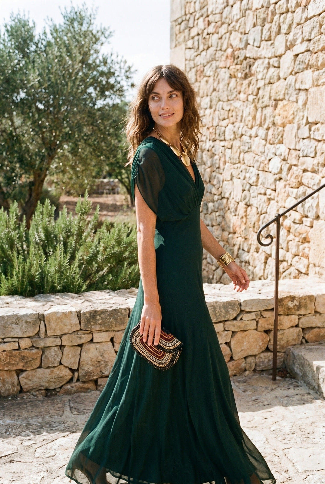Elegant women's V-neck wrap maxi dress with a flowing silhouette, perfect for formal occasions.