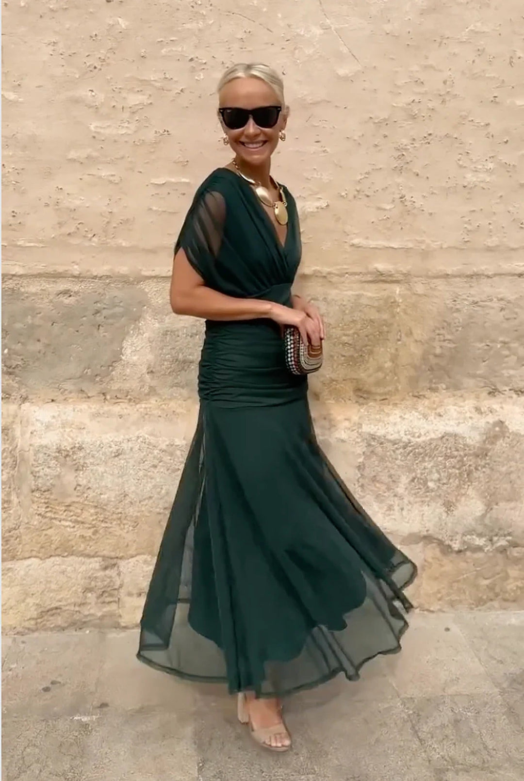 Flowing V-neck wrap maxi dress for women, an elegant long dress designed for comfort and style.