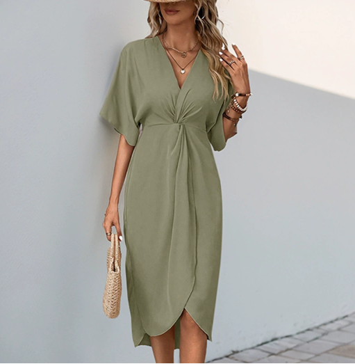 Elegant women's V-neck wrap midi dress. Flattering fit, perfect for versatile formal or casual occasions.