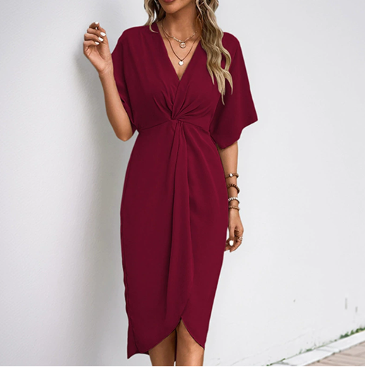Chic V-neck wrap dress for women. Versatile midi length, ideal for summer parties or elegant events.