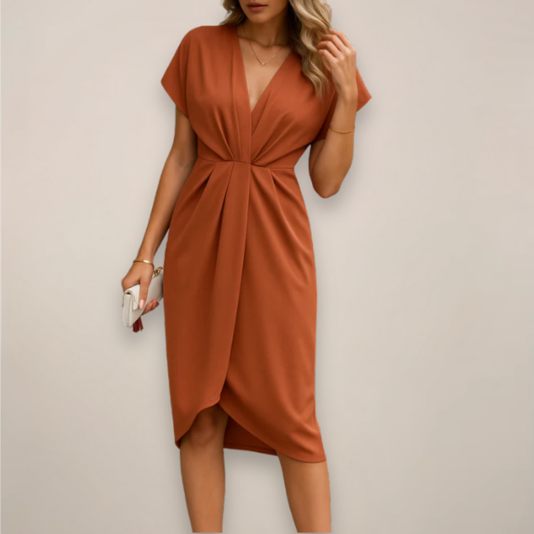 Versatile women's V-neck midi wrap dress, ideal for transitional spring to summer wear, modern style.