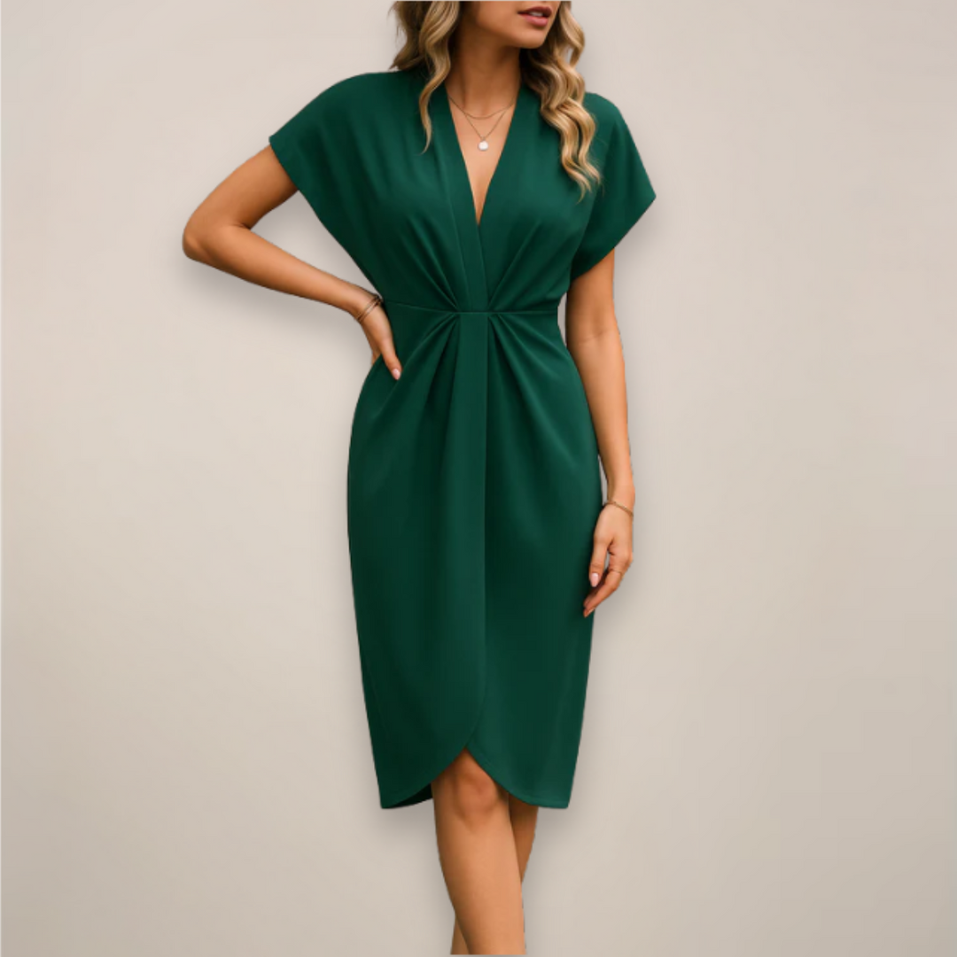 Draped V-neck wrap midi dress for women, offering a comfortable yet elegant fit for any special occasion.