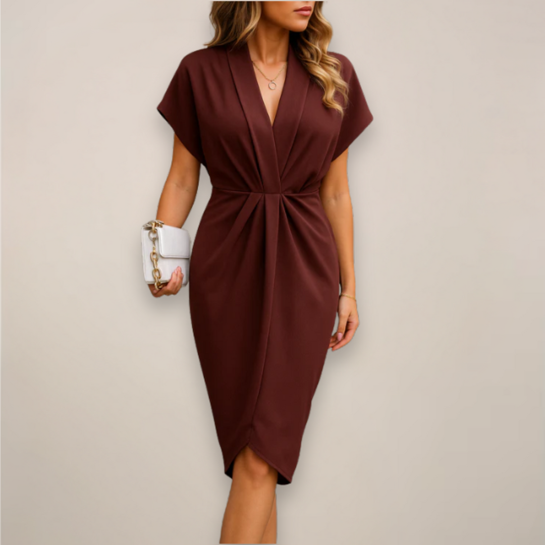 Classic women's V-neck wrap midi dress, featuring a flattering silhouette for an elegant, modern look.