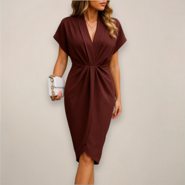 Classic women's V-neck wrap midi dress, featuring a flattering silhouette for an elegant, modern look.