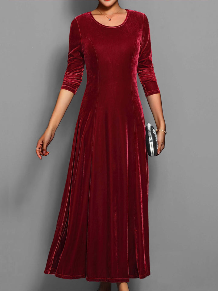 Elegant women's velvet midi dress. Long-sleeve, crew neck, perfect for formal events, parties & special occasions.