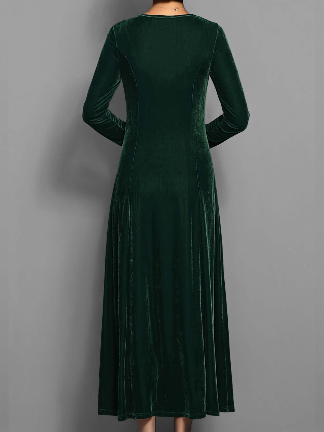 Stylish velvet midi dress for women. Elegant long-sleeve, crew neck design, ideal for formal events & winter fashion.